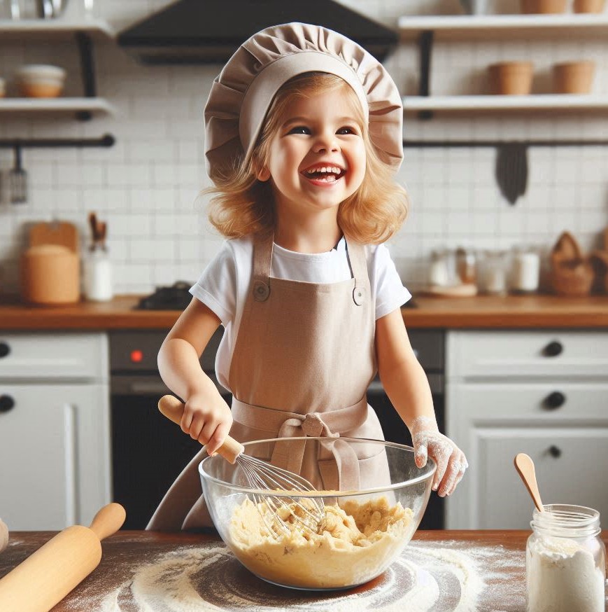 Ein blondes Mädchen mit einer Kochmütze auf dem Kopf bereitet Teig für Plätzchen vor.