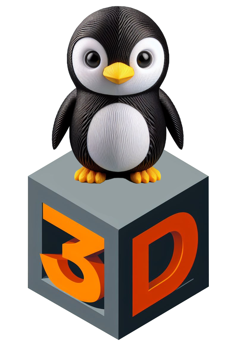 Logo mit einem 3D-gedruckten Pinguin auf einem grauen Würfel mit der Inschrift '3D'